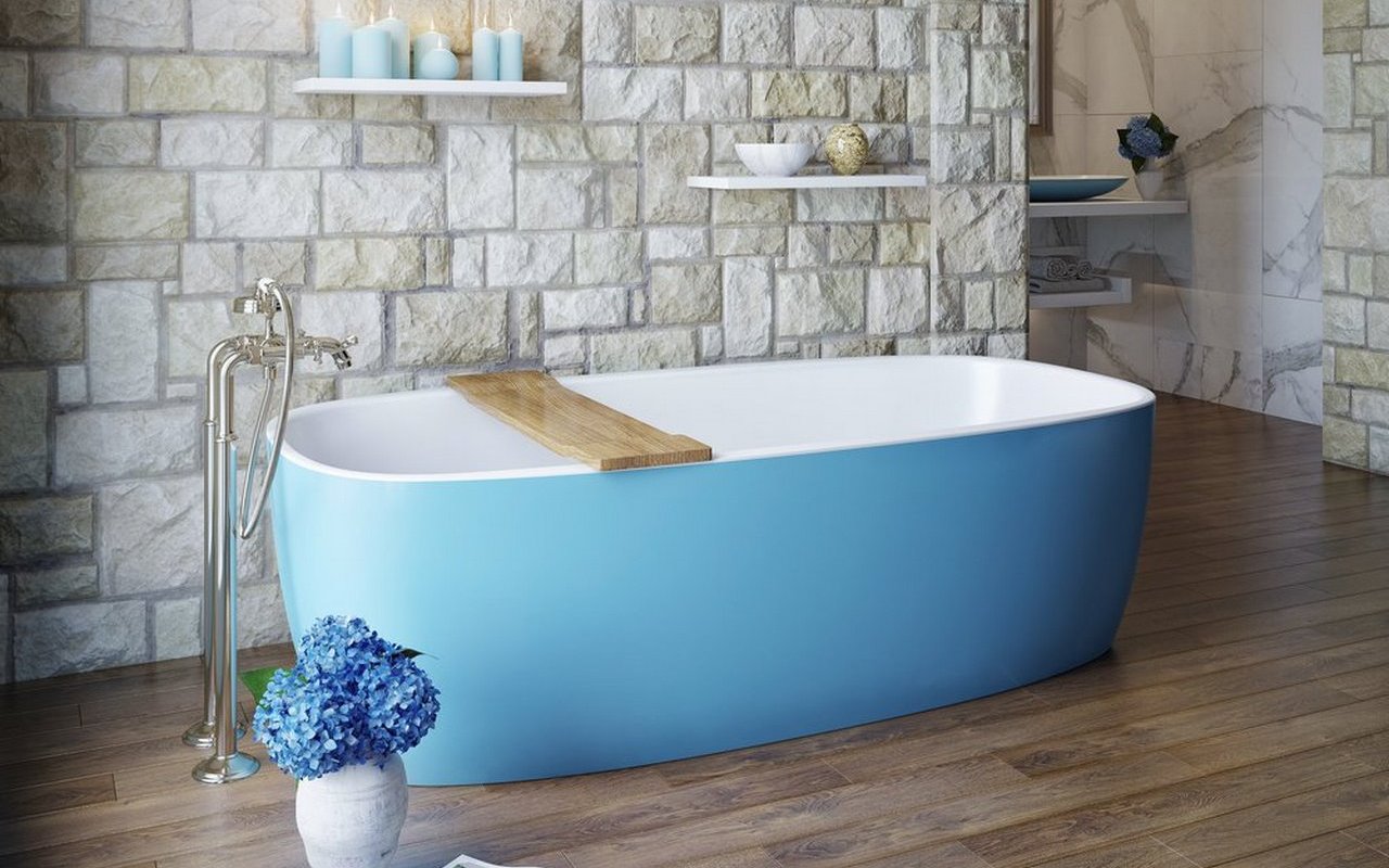 Modern bathroom with freestanding bathtub, modern taps and blue