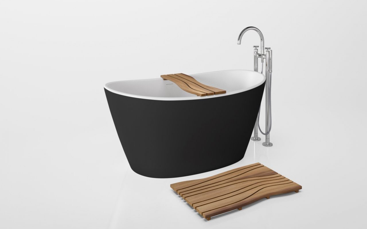 Onde Waterproof Iroko Wood Bathtub Tray on Purescape 748 Black White 01 (web)