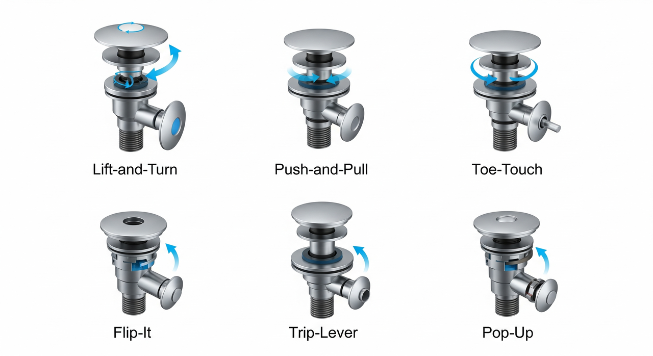 Common Bathtub Drain Stopper Types: Lift-and-Turn Drain Stopper, Push-and-Pull Drain Stopper, Toe-Touch Drain Stopper, Flip-It Drain Stopper, Trip-Lever Drain Stopper, Pop-Up Drain Stopper