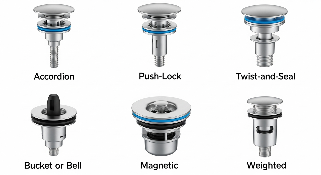 Common Bathtub Drain Stopper Types: Accordion Stopper, Push-Lock Stopper, Twist-and-Seal Stopper, Bucket or Bell Stopper, Magnetic Stopper, Weighted Stopper