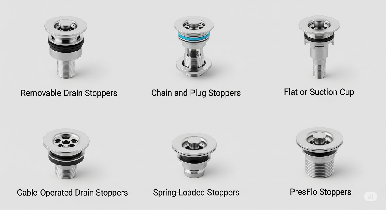 Common Bathtub Drain Stopper Types: Removable Drain Stoppers, Chain and Plug Stopper, Flat or Suction Cup Stopper, Cable-Operated Drain Stopper, Spring-Loaded Stopper, PresFlo Stopper