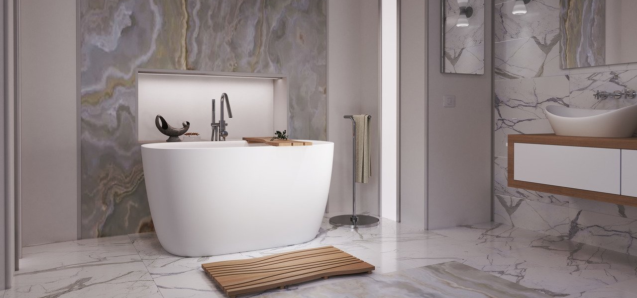 Freestanding Acrylic Bathtub with marble flooring