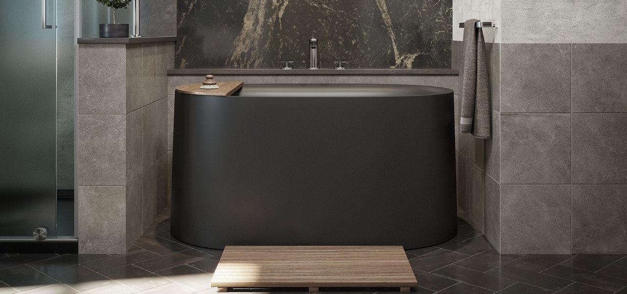Black freestanding soaking tub